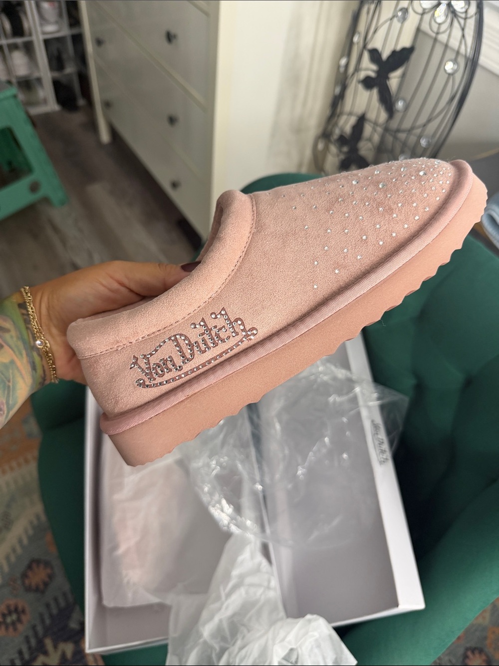 Von Dutch Pink Crystal-Studded Suede Slip-On Platform
